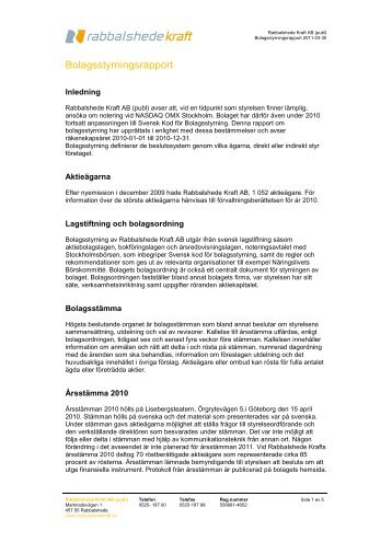 Bolagsstyrningsrapport 2010 - Rabbalshede Kraft