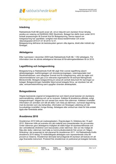 Bolagsstyrningsrapport 2010 - Rabbalshede Kraft