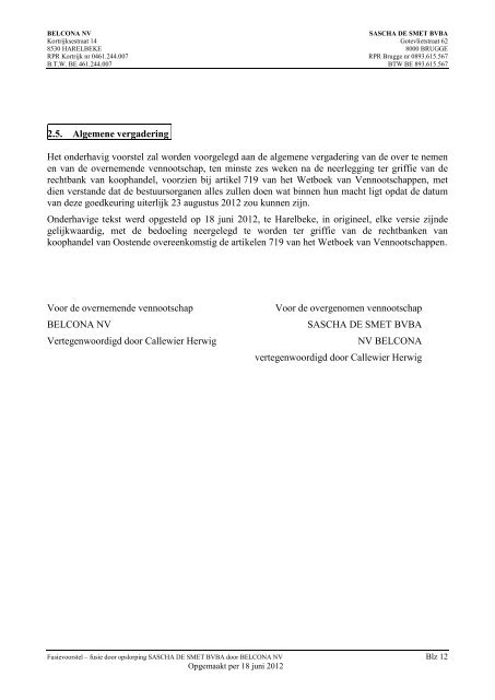 FUSIE DOOR OVER EMI G – FUSIEVOORSTEL - Kasseien De Smet