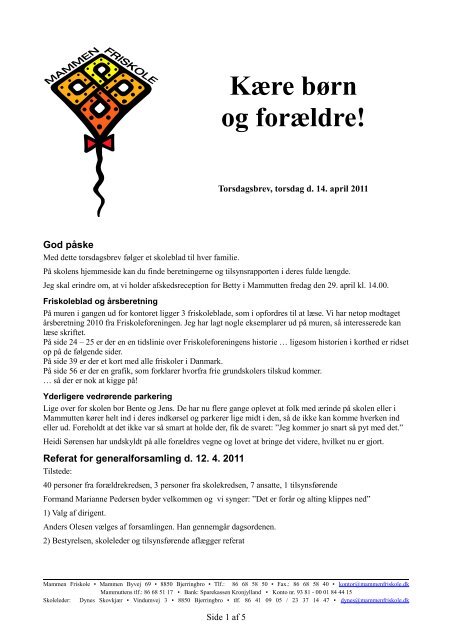 Mammen Friskole Torsdagsbrev 2011-04-14