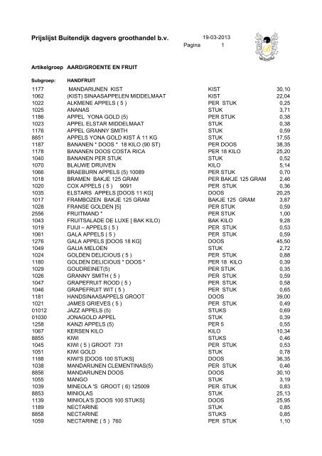Prijslijst Buitendijk dagvers groothandel b.v.