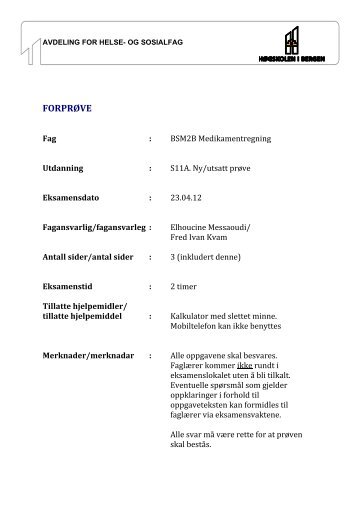 Sykepleie BSM2B Medikamentregning Fasit 230412 - Høgskolen i ...