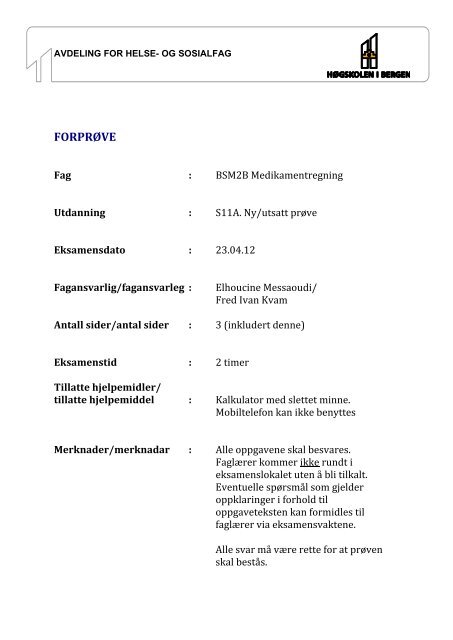Sykepleie BSM2B Medikamentregning Fasit 230412 - Høgskolen i ...