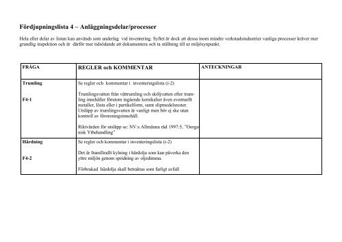 F4-Fördjupningslista 4, anläggningsdelar, processer