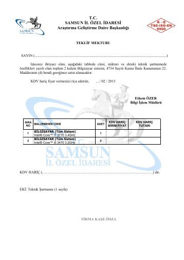 Teklif Mektubu ve Teknik Şartname - Samsun İl Özel İdaresi