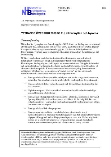 YTTRANDE ÖVER SOU 2008:38 EU, allmännyttan och hyrorna ...