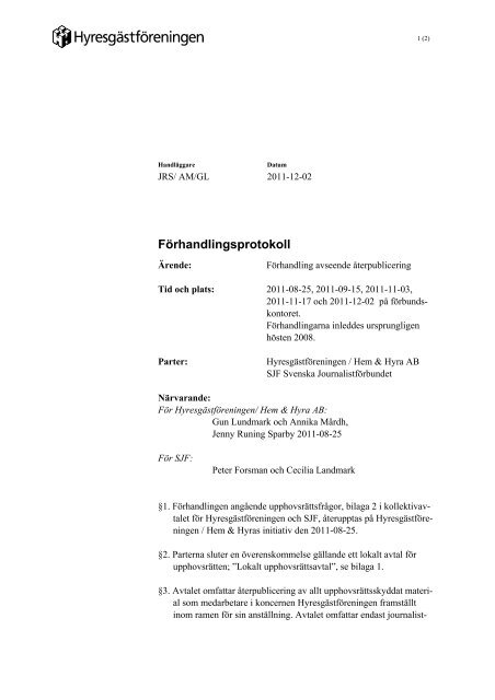 Förhandlingsprotokoll 20111202 Hem & Hyra - Journalistförbundet