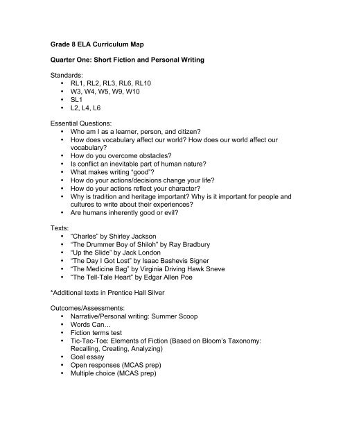 8th Grade Ela Curriculum Map Grade 8 Ela Curriculum Map Quarter One: Short Fiction And ...