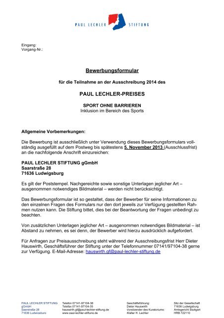 Bewerbungsformular - Paul-Lechler-Stiftung