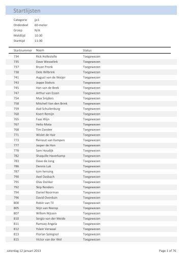 Startlijsten (incl. startnummers en groepsindeling)
