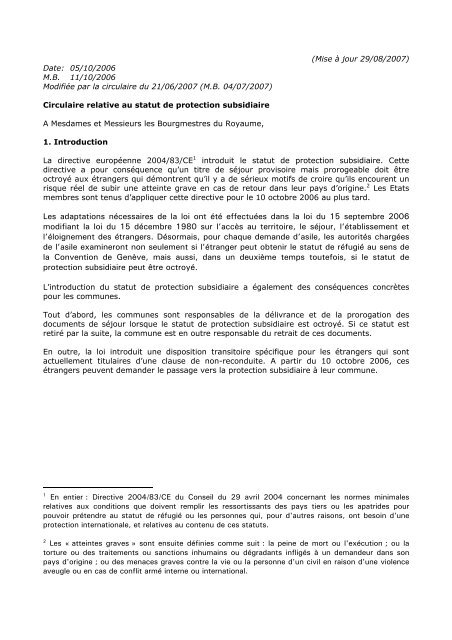 Circulaire relative au statut de protection subsidiaire - Federale ...