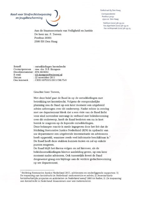 Brief Ontwikkelingen herstelrecht - Raad voor Strafrechtstoepassing ...