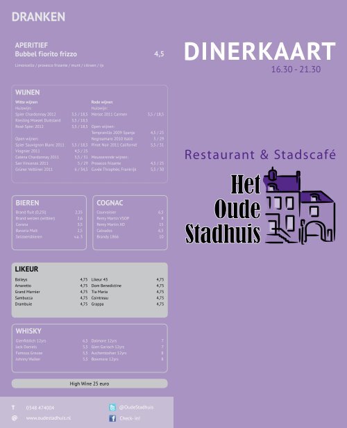 Dinerkaart - Het Oude Stadhuis