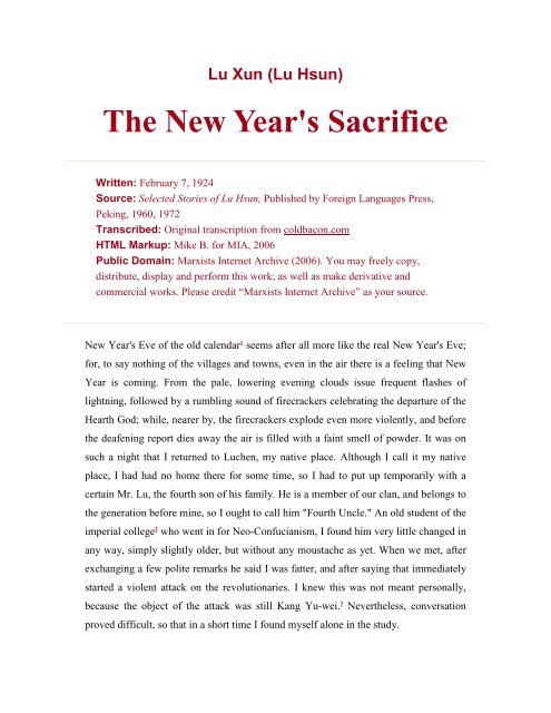 (Lu Hsun) The New Year's Sacrifice