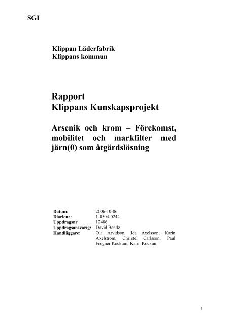 Kunskapsprojekt Arsenik och krom SGI 2006 - Klippan