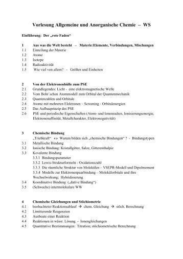 Vorlesung Allgemeine und Anorganische Chemie – WS