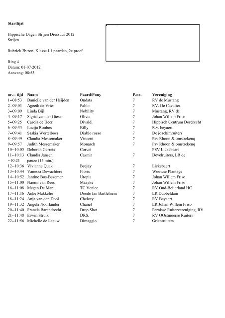 startlijst dressuur zondagmorgen zj - Hippische Dagen Strijen