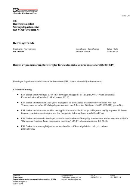 Experimenterande Svenska Radioamatörer (ESR) (pdf ... - Regeringen