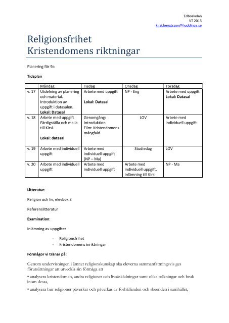 Religionsfrihet Kristendomens riktningar - Grundskolor