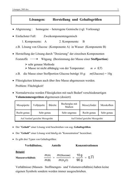 Lösungen: Herstellung und Gehaltsgrößen