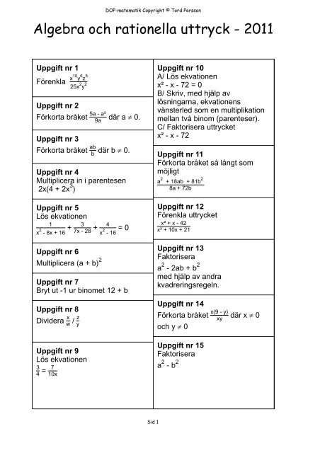 Algebra och rationella uttryck 2011 inkl facit dop - mathprog