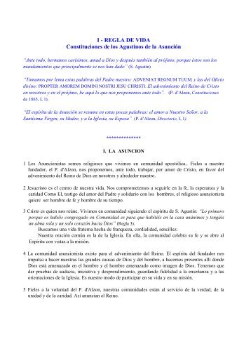 I - REGLA DE VIDA Constituciones de los Agustinos de la Asunción