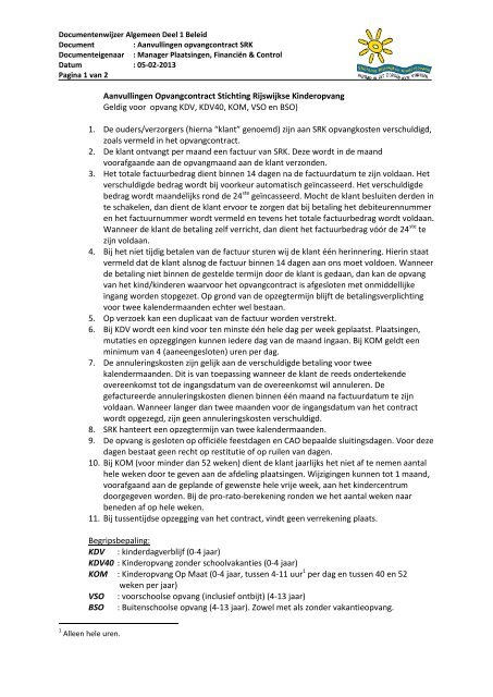 Aanvullingen op het opvangcontract - Stichting Rijswijkse ...