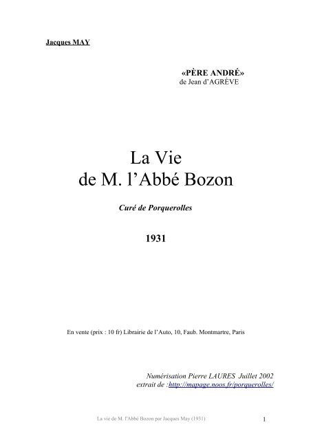 La vie de M, l'Abbé Bozon - Les Chemins de Porquerolles