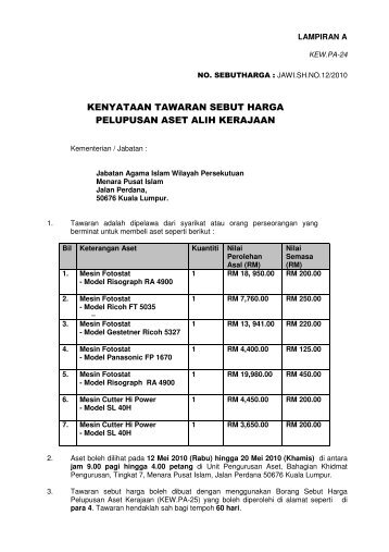kenyataan tawaran sebut harga pelupusan aset alih kerajaan - JAWI