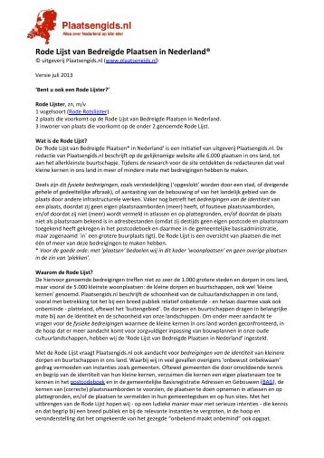 Rode Lijst van Bedreigde Plaatsen in Nederland® - Plaatsengids.nl