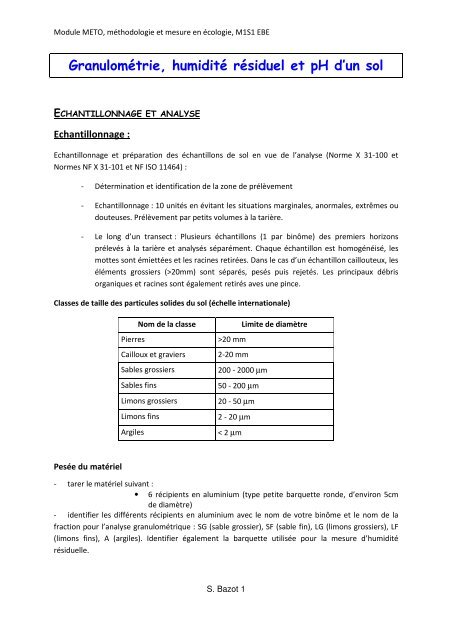 Granulométrie, humidité résiduel et pH d'un sol