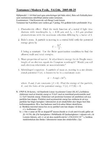 Tentamen i Modern Fysik, 5A1246, 2005-08-25