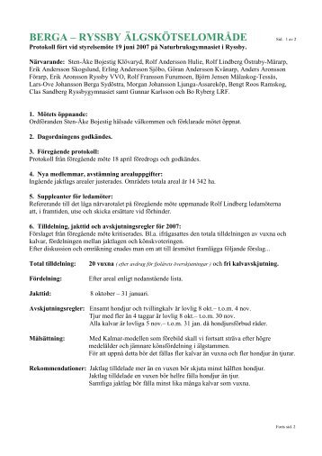 Styrelsemöte 2007-06-19 - Berga-Ryssby Älgskötselområde