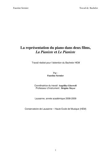 La représentation du piano dans deux films, La Pianiste et ... - HEMU