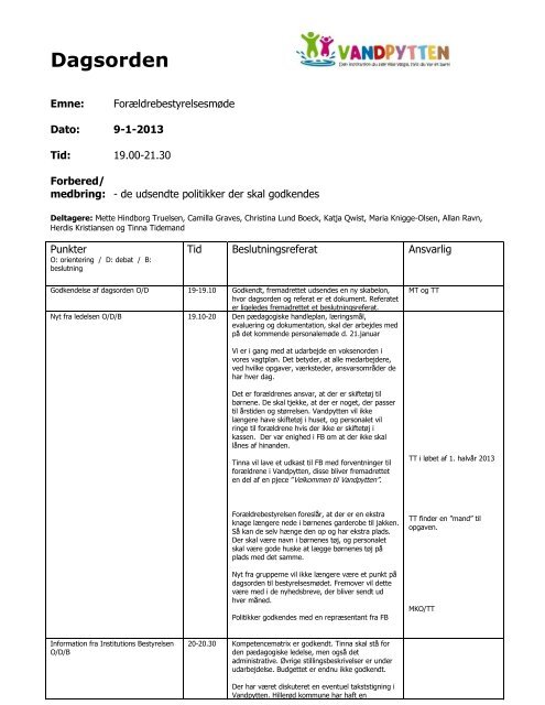 Referat fra forældrebestyrelsesmøde - dato:9-1-2013 - Vandpytten