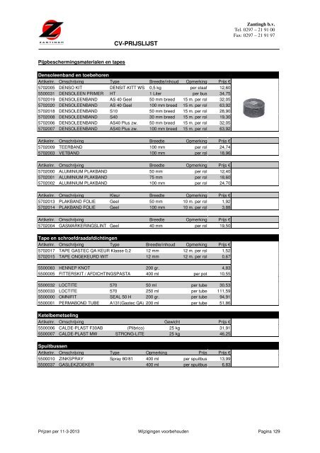 CV prijslijst 2013 - Zantingh
