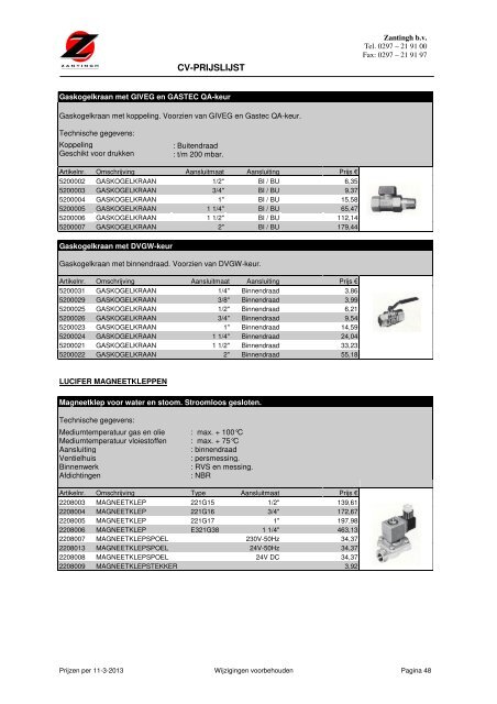 CV prijslijst 2013 - Zantingh