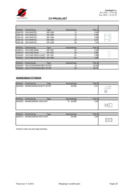 CV prijslijst 2013 - Zantingh