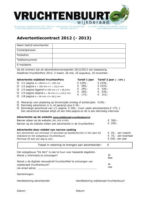 Advertentiecontract 2012 (- 2013) - Wijkberaad Vruchtenbuurt