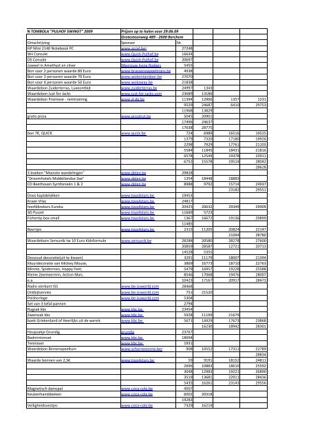 EN TOMBOLA "PULHOF SWINGT" 2009 Prijzen op te halen voor ...