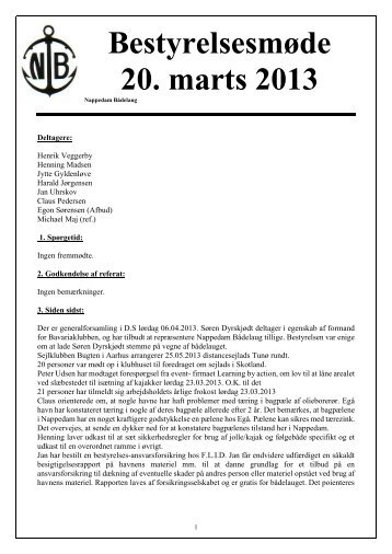 Bestyrelsesmøde 20. marts 2013 - Nappedam Bådelaug