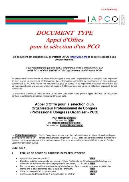 DOCUMENT TYPE Appel d'Offres pour la sélection d'un PCO - IAPCO