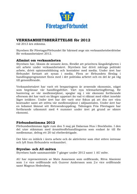 VERKSAMHETSBERÄTTELSE för 2012 - Företagarförbundet