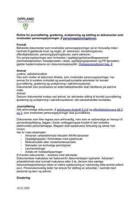 Rutine for journalføring, gradering, avskjerming og sletting av ...