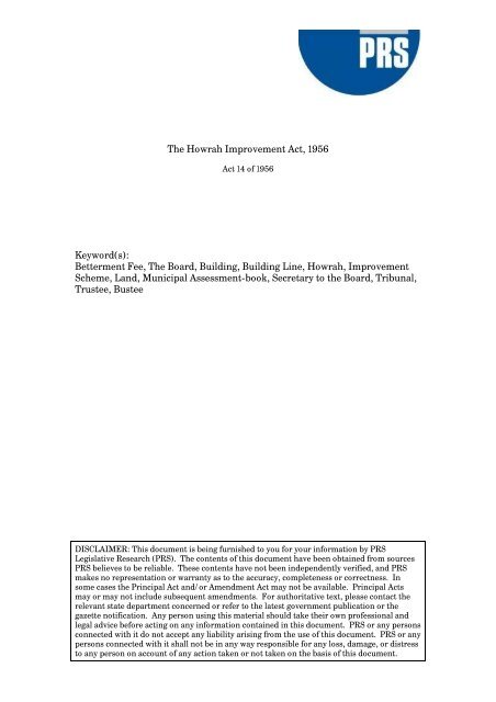The Howrah Improvement Act, 1956 Keyword(s ... - CommonLII