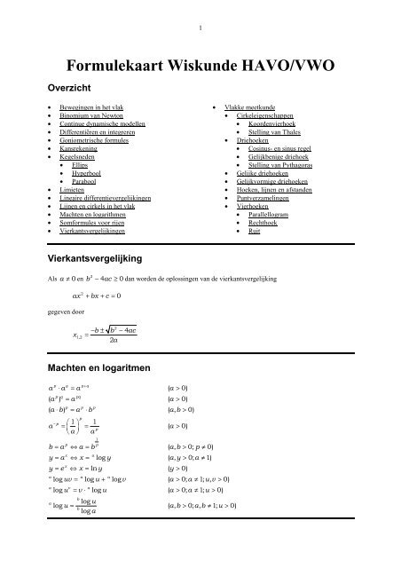 Formulekaart Wiskunde Havo/Vwo