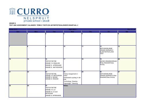 GRADE 8 TEST AND ASSESSMENT CALANDER: TERM 2/ TOETS ...