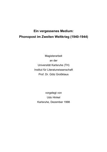 Ein vergessenes Medium: Phonopost im Zweiten Weltkrieg (1940 ...