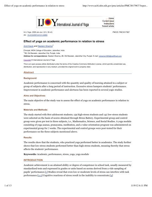 Effect Of Yoga On Academic Performance In Bent On Learning