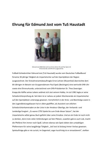 Ehrung für Edmund Jost vom TuS Haustadt